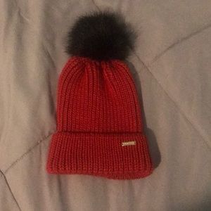 Steve Madden Red Ribbed Beanie w/ Black Puff